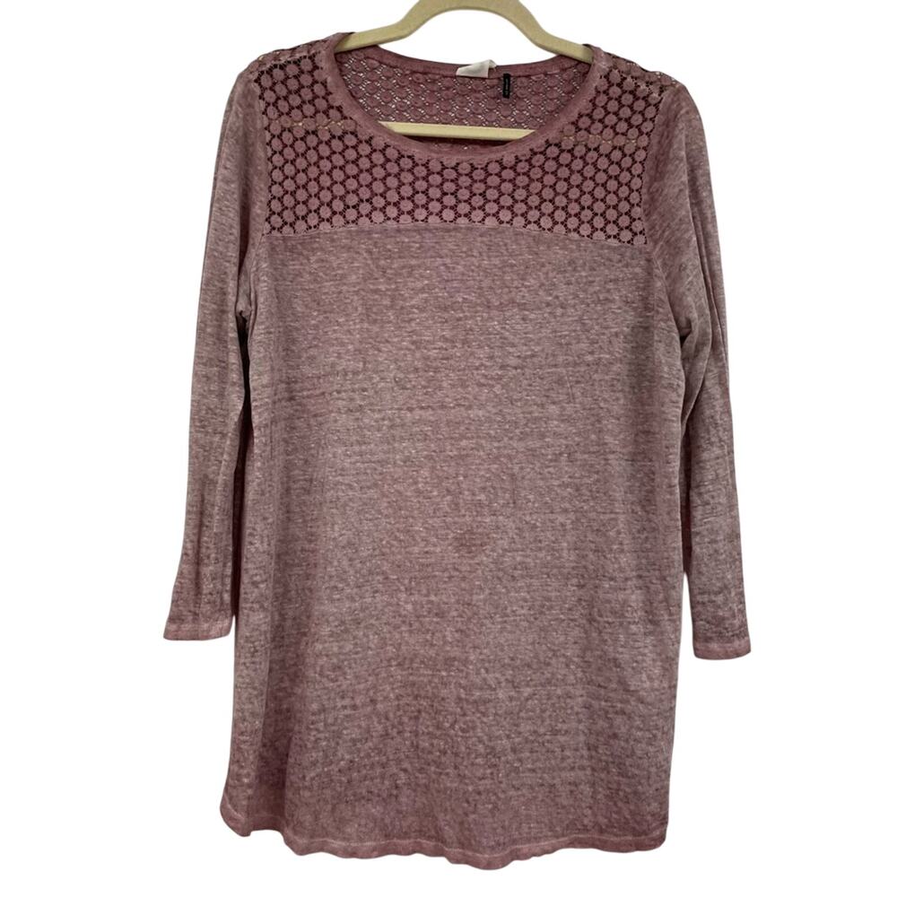 Akemi & Kin Anthropologie Mauve Pink Linen 3/4 Sleeve Sweater Womens M Crochet